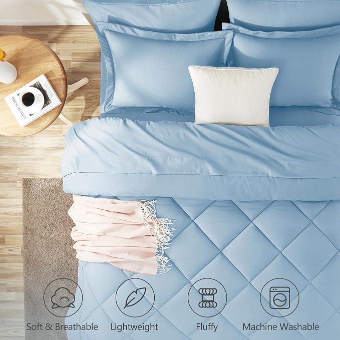 King Size Comforter Set Baby Blue - 7 Pieces Complete Bedding Set | OEKO-TEX Certified, All Season, 240GSM Down-Alternative Comforter, Sheets, Pillowcases & Shams, 14" Deep Pocket, Easy Care