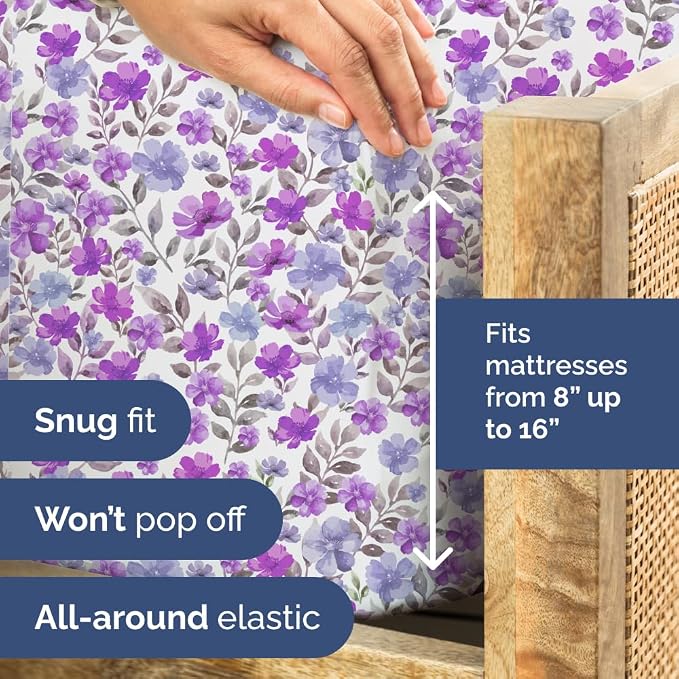 Full 4 Piece Floral Sheet Set - Soft, Breathable & Cooling - Purple Bloom | 1 Flat, 1 Fitted & 2 Pillowcases w/ Deep Pockets, Boho Botanical Floral Bedding, Breathable & Cooling, Wrinkle & Fade Free