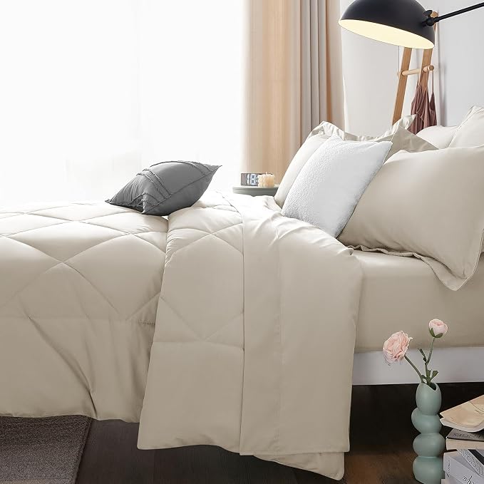 Queen Comforter Set with Sheets Oatmeal - 7 Pieces Bed in a Bag | OEKO-TEX Certified, All Season, 240GSM Down-Alternative Comforter, Sheets, Pillowcases & Shams, 14" Deep Pocket, Easy Care