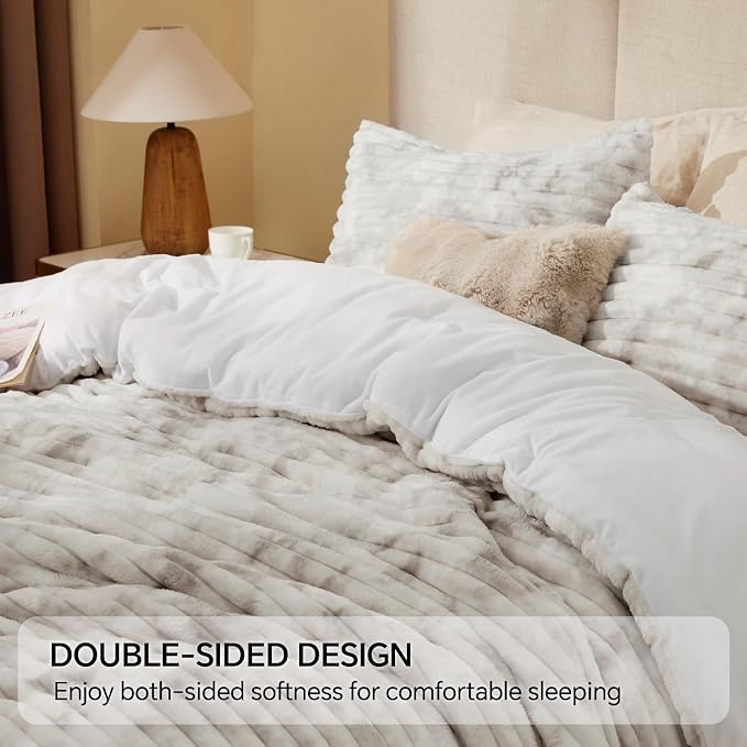 BEDELITE Fleece Queen Comforter Set, Fluffy Bed Set, Grey&White | Super Soft & Warm Bedding, Luxury Fuzzy Faux Fur Comforter for Winter, Heavy Plush Bedding, with 2 Pillowcases