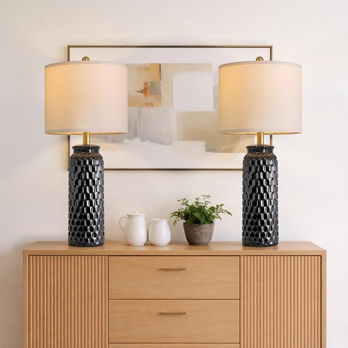 USumkky 27" Ceramic Table Lamps Set of 2 - Modern Farmhouse & Boho Style, Bedside Nightstand Lamps for Bedroom, Living Room End Table Lamps, Small Desk Lamp(Black)