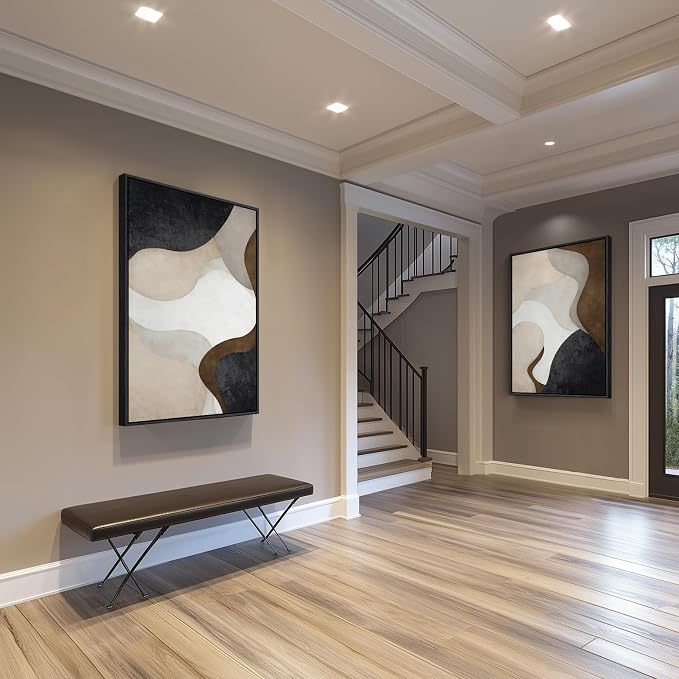 Large Framed Modern Abstract Wall Art for Living Room Set of 2, 24x36 In | Minimalist, Canvas prints, Neutral pictures, Beige brown, Black frame paintings, Bedroom, Dining room, Entryway wall decor