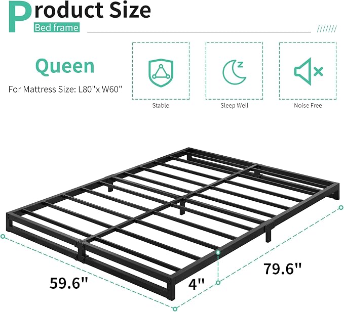 Lutown-Teen 4 Inch Bed Frame Queen Size with Heavy Duty Steel Slat Support | Metal Platform Queen Bed Frame No Box Spring Needed, Easy Assembly, Black