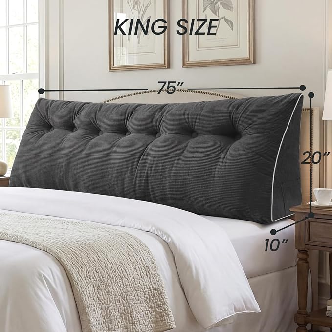 Sasttie Headboard Pillow King, Wedge Pillow Headboard, Dark Grey | Triangle Backrest Cushion for Sitting or Reading in Bed, Dorm Essentials, OEKO-TEX, Down Alternative Fill, Side Pockets