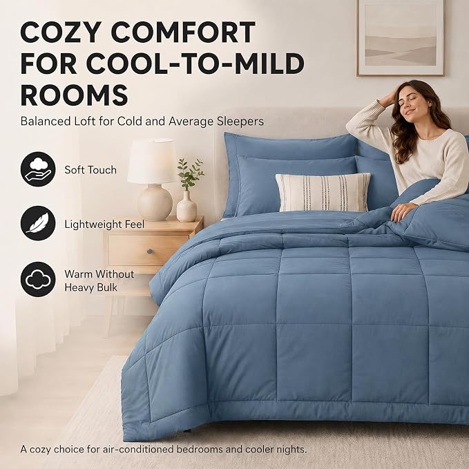 Oversized Queen Comforter Set Dusty Blue - 7 Pieces Bed in a Bag | OEKO-TEX Certified, All-Season, Bedroom, Guest Room, Down-Alternative Comforter + Flat & Fitted Sheets + 4 Pillowcases