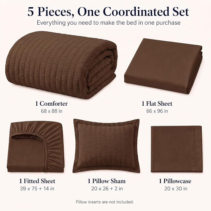 Twin Comforter Set, 5 Pieces Brown Seersucker Bed in a Bag | OEKO-TEX Certified, All Season Bedding Sets with 240 GSM Down Alternative Comforter, Flat & Fitted Sheets, Pillowcase & Sham