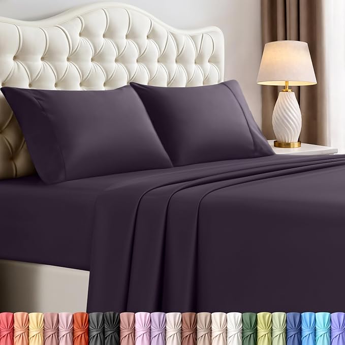 King Sheets Set, 4 Pieces 16" Deep Pocket Hotel Luxury Sheets, Dark Purple | Extra Soft Bedsheet Set, Comfy & Breathable Cooling Sheets, Wrinkle & Fade Resistant, Fitted Sheet, Flat Sheet, 2 Pillowcases
