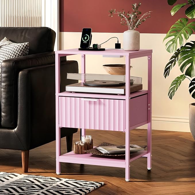 VINGLI Nightstands Set of 2 with Fabric Drawer, Pink Nightstands with Charging Station, Fluted Nightstand Pink Bedside Table/End Table for Bedroom, Night Stand Small for Kids Room, 2 pcs