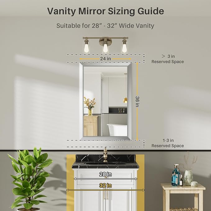 Bathroom Wall Mirror, Silver Brushed Nickel Metal Frame, 24x36 Inch | Anti-rust, HD tempered glass, for bathroom vanity, bedroom, living room, horizontal or vertical mount
