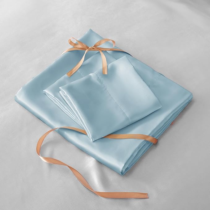 BEDELITE Satin Sheets Queen Size Bed Set, Light Blue, 4 Pieces | Luxury Silky Bed Sheets, 15 Inch Deep Pocket, Similar to Silk, Soft and Cooling, Reduces Friction, Gentle on Hair and Skin