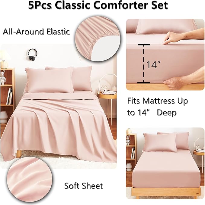 Twin XL Comforter Set Blush Pink - 5 Pieces Complete Bedding Set | College Dorm Essentials, OEKO-TEX Certified, All Season, 240GSM Down-Alternative Comforter, Sheets, Pillowcase & Sham
