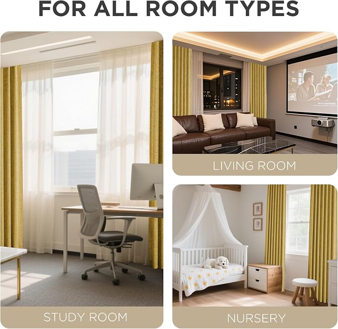 Joydeco Blackout Curtains for Bedroom - 108 Inch Long 100% Light Blocking 2 Panels Set Yellow Drapes, Thermal Insulated Room Darkening Curtains, Linen Textured for Living Room, Rod Pocket & Back Tabs