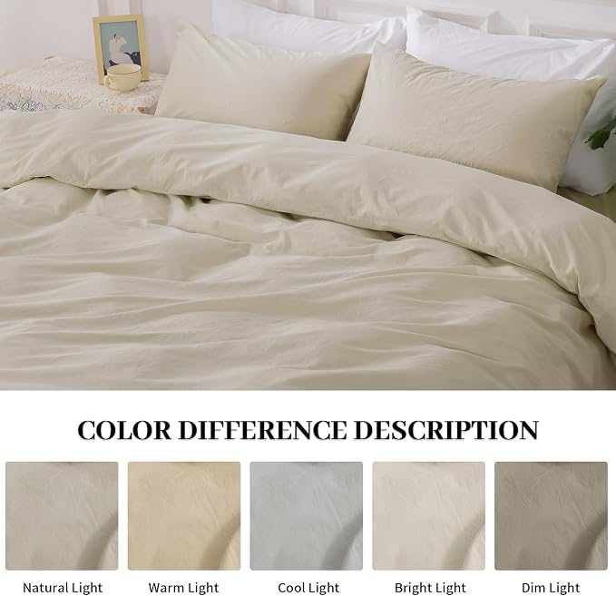NEXHOME PRO Duvet Cover Set 100% Washed Cotton Full Size Linen Feel Textured Organic Natural 3 Pieces Bedding Set with Zipper Closure and Corner Ties, Breathable(Cream Grey, No Comforter)