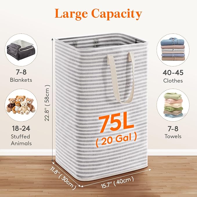 Lifewit 2 Packs Freestanding Clothes Hamper with Carry Handles, Large Tall Laundry Basket for Organization for Adults in Laundry Room Dorm Bedroom, Gray, 2 x 75L