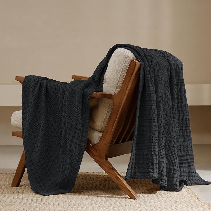PHF Lightweight 100% Cotton Waffle Throw Blanket for Couch, Black | Pre-Washed Soft Cotton Comfort, Breathable Layering Warmth for Fall & Winter, Office, Travel, Sofa, Home Decor & Gifts