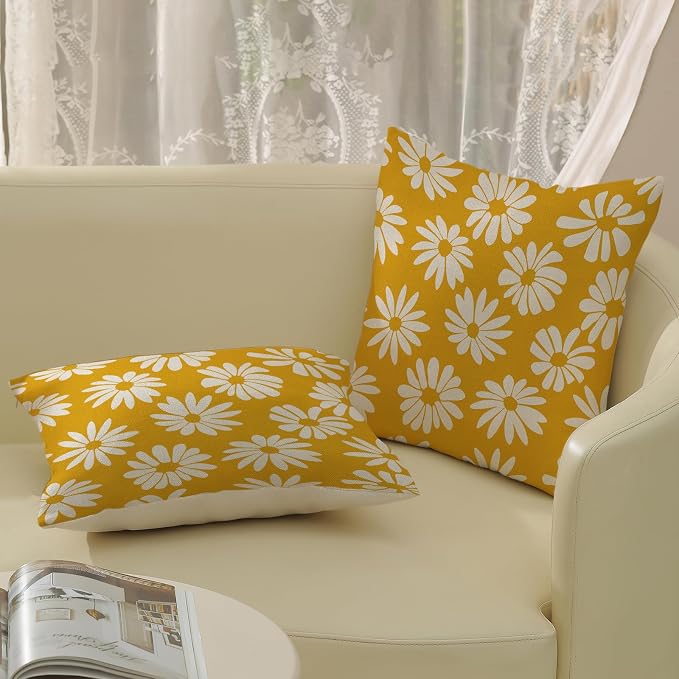 Mustard Yellow Pillow Covers 16x16 Inch 2 Pcs Daisy Floral Summer Outdoor Decor Throw Pillows Spring Flower Farmhouse Holiday Decoration Pillowcase Linen Cushion Cover for Couch Sofa Bed