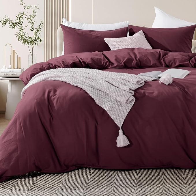 NEXHOME PRO Duvet Cover Set 100% Washed Cotton Full Size Linen Feel Textured Organic Natural 3 Pieces Bedding Set with Zipper Closure and Corner Ties, Breathable and Soft (Burgundy Red, No Comforter)