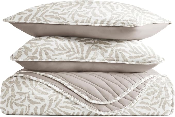 Merit Linens 3 Piece Quilt Set - Super Soft - Lightweight - All Season Quilted Coverlet - Floral Patterns - Full/Queen Taupe