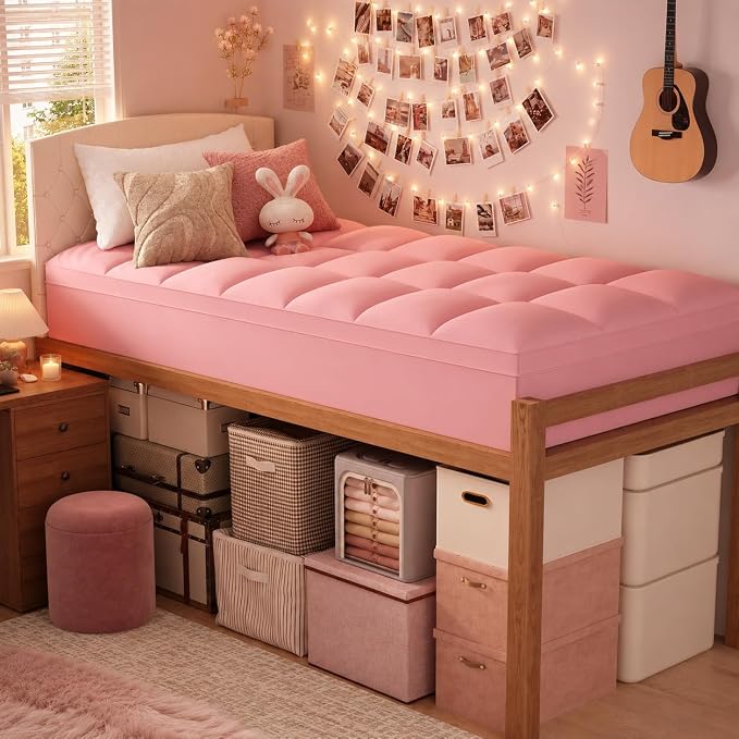 ELEMUSE Twin XL Mattress Topper for Dorm, Plush Pillow Top Bed Pad | Pink college dorm essential with plush comfort, designed for Twin XL beds in dorm rooms, and back to school upgrade