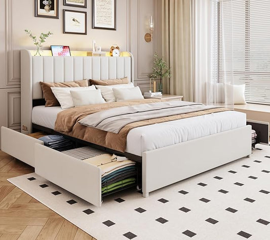 Full Bed Frame with 4 Drawers and Storage Headboard, Upholstered Platform Bed Frame Full Size with Led Lights and Handy Charging Station, No Box Spring Needed, Easy Assembly, Noise Free, Beige