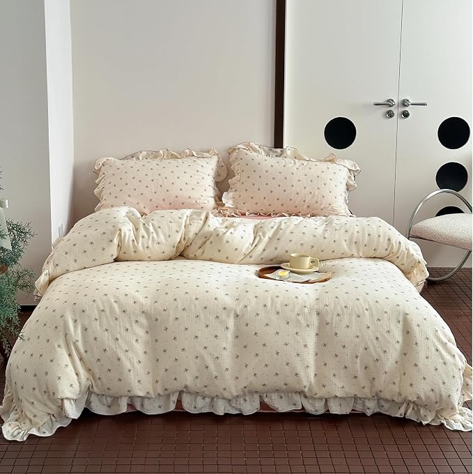 Muslin Cotton Duvet Cover Full Elegant Ruffles Duvet Covers Soft Breathable Comforter Cover Kids Adults Bedding Floral Quilted Cover, 79"x90", No Pillow/Pillow Cases