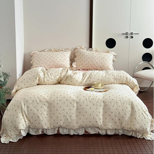 Muslin Cotton Duvet Cover Full Elegant Ruffles Duvet Covers Soft Breathable Comforter Cover Kids Adults Bedding Floral Quilted Cover, 79"x90", No Pillow/Pillow Cases