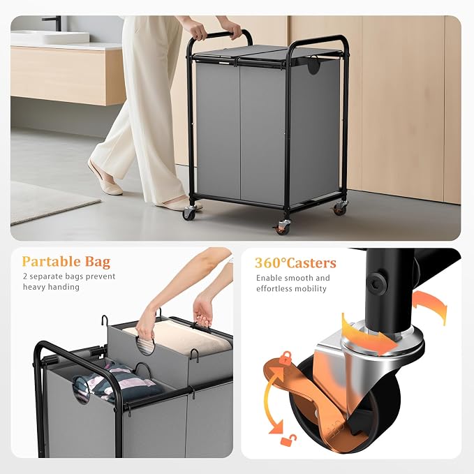 120L Laundry Sorter 2 Section, Rolling Laundry Basket with Wheels ＆ Lid | 31.7 Gal Laundry Hamper, 2 Separated Removable Bags, Lockable Wheels, Dirty Clothes Hamper for Laundry Room, Bedroom, Grey