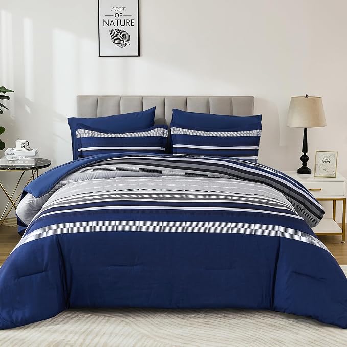 Dobuyly Navy Blue Comforter Set Twin Size Bed in a Bag 5 Piece, Classic Striped Bed Bedding Set with Sheets Soft Microfiber All Season for Teen Boys