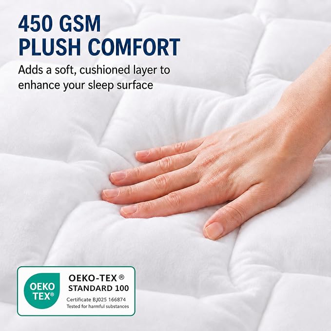 CozyLux Queen Mattress Pad, 450 GSM Fill, Cotton Top, 8-21 Inch Pocket | OEKO-TEX Certified, White Queen 60 x 80 Inches, Quilted Cushioning for Primary Bedrooms and Guest Rooms