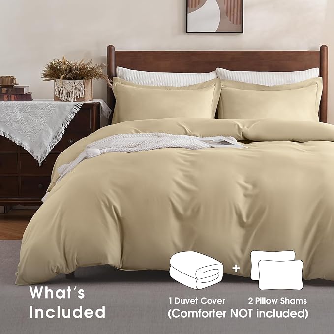 FreshCulture California King Duvet Cover - 3 Pieces Microfiber Duvet Cover Set with Zipper Closure - Lightweight & Easy Care - 1 Comforter Cover & 2 Pillow Shams - Comforter Not Included (Beige)