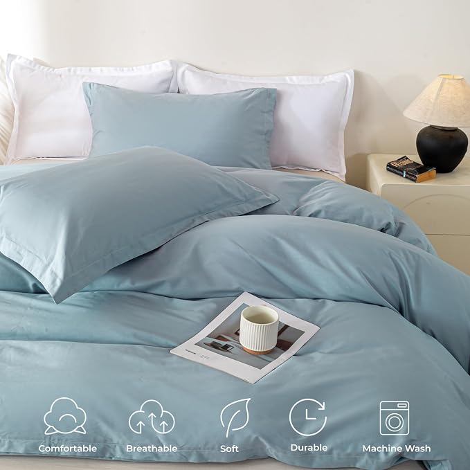 OAITE Duvet Cover Set 100% Washed Cotton Solid 3pcs | Soft,Durable,Long-staple Cotton,Hidden Zipper with 8 Interior Corner Ties,2 Pillowcases,68"X90"
