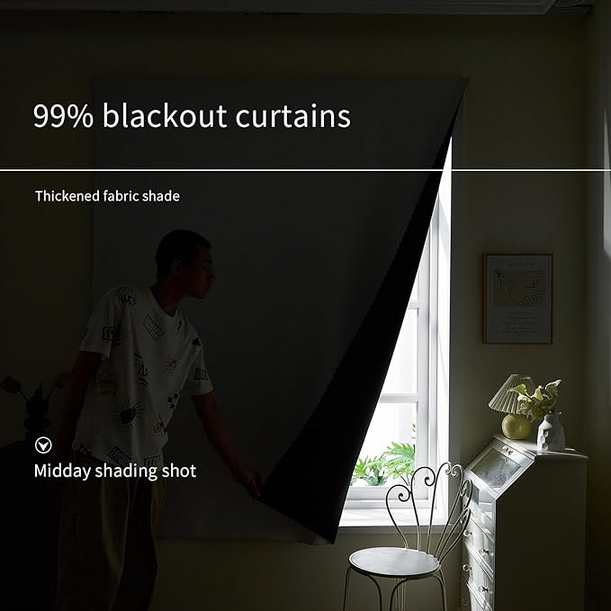 AJAZZ 100% Blackout Shades Window Cover Self Adhesive Curtains Sticky Curtain Portable Easy Open Black Out Curtains for Bedroom Living Room No Drilling (White, 59" W x 84" L 1 Panel)