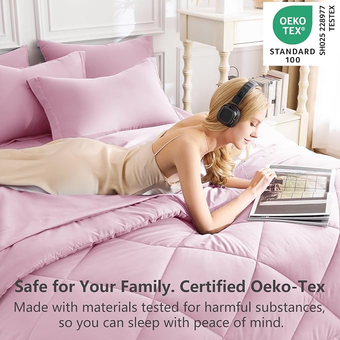 Queen Comforter Set with Sheets Light Pink - 7 Pieces Bed in a Bag | OEKO-TEX Certified, All Season, 240GSM Down-Alternative Comforter, Sheets, Pillowcases & Shams, 14" Deep Pocket, Easy Care