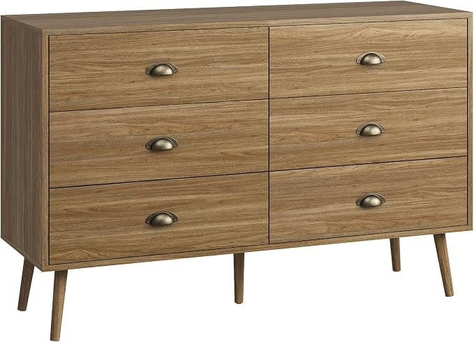 Oak 6 Drawer Dresser for Bedroom, 47" Wood Dresser with Gold Handles. | Modern Dressers & Chests of Drawers for Living Room, Hallway, Entryway.