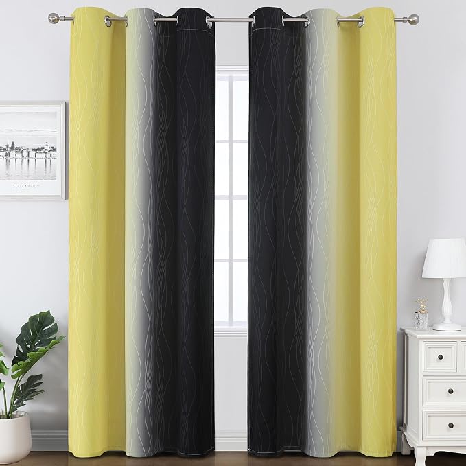 Black and Yellow Ombre Blackout Curtains 84 Inches Long | Room Darkening Curtains for Living Room,Energy Saving,Thermal Insulated,Gradient Grommet Drapes for Bedroom,42Wx84L,2 Panels