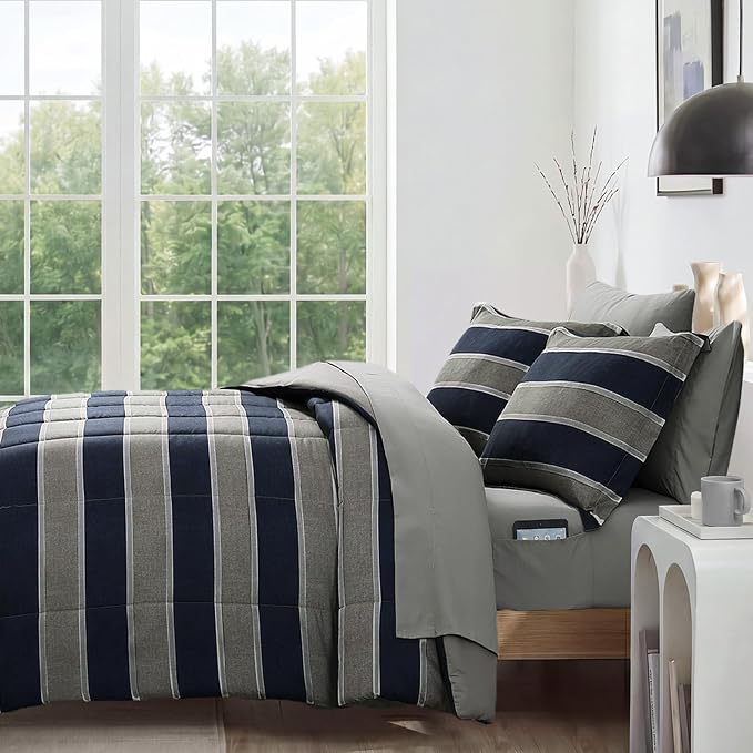 Monbix Full Size Comforter Sets - 7 Pieces Bed in a Bag Full Bedding Set | All Season Grey Striped Reversible Soft Comforter Bed Set with Sheets, Pillowcases & Shams