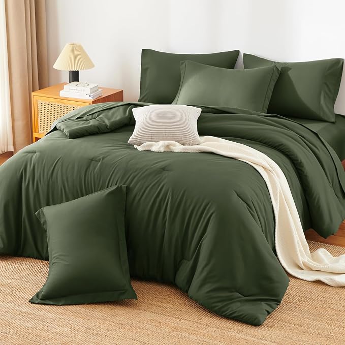 HIMEET King Comforter Set, 7-Piece Point-Quilted Bed in a Bag, Olive Green | OEKO-TEX Certified, Lightweight 240 GSM Comforter, Flat Sheet, 14-Inch Deep-Pocket Fitted Sheet, Pillowcases & Shams