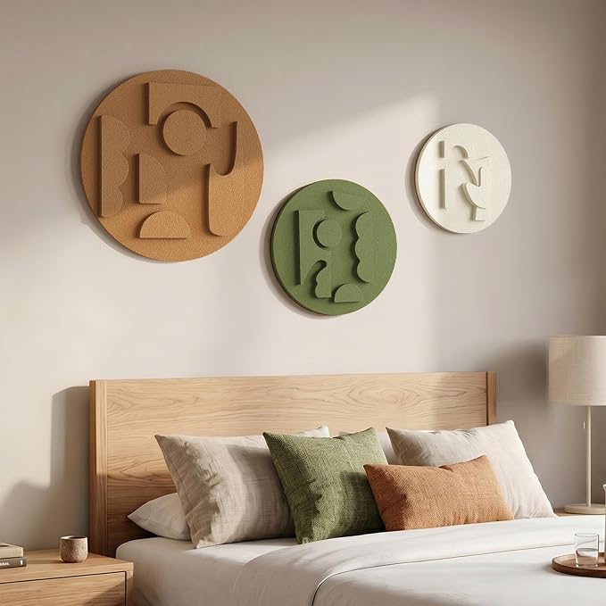 3D Textured Round Modern Abstract Boho Wall Art for Living Room, 3 Piece | Minimalist Bohemian Geometric Sculptures Artwork for Walls, White Terracotta Green Paintings, Bedroom Home Office Wall Decor