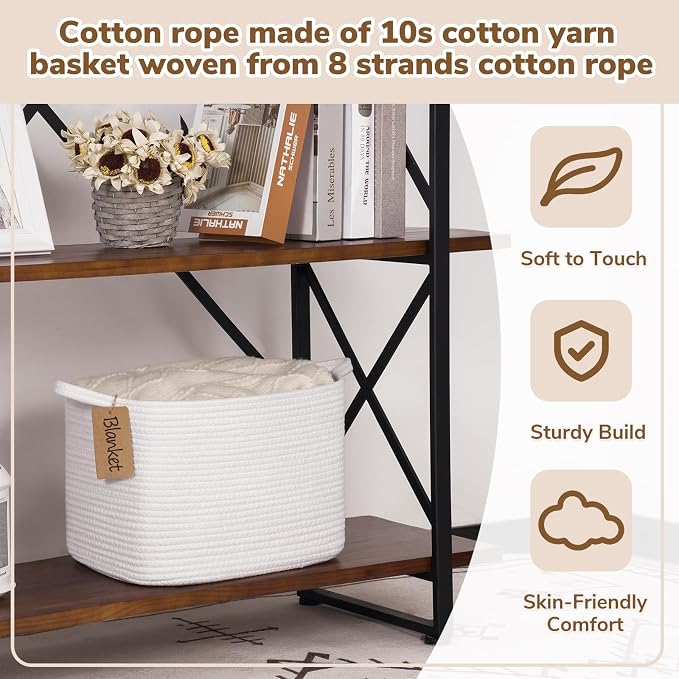 Goodpick Woven Rope Storage Basket for Shelves, Rectangle, White | 13" × 10" × 9" Stylish Gift Basket for Home Decor, Cotton Rope Baskets for Toys, Books & Towels Storage, Reinforced Handles