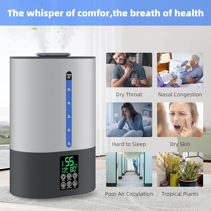 Coolfiqu 6L Warm & Cool Mist Humidifiers for Bedroom,Large Room,Plants | Quiet Top Fill Ultrasonic Humidifier,Essential Oil Diffuser, Auto Humidity Control,Hot Mist Desk Humidifiers,360° Nozzle
