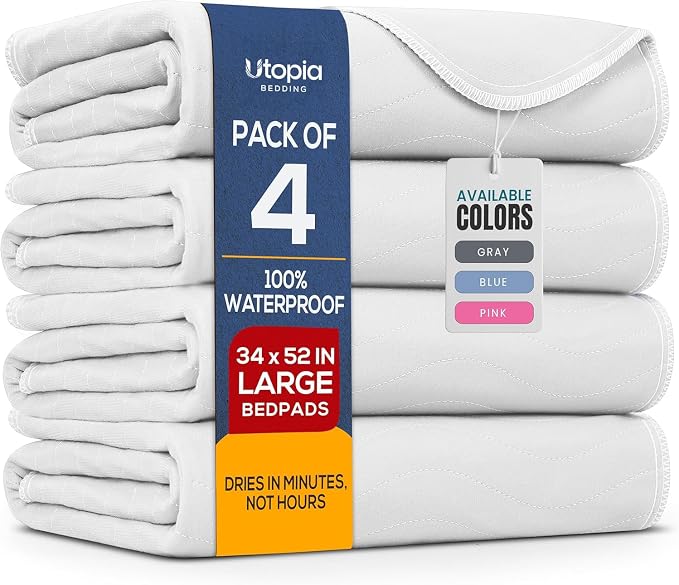 4 Pack Waterproof Reusable Heavy Absorbency Incontinence Bed Pads 34"x52" | Utopia Bedding Washable Underpads, Chuck Pads for Adults, Kids, Elderly and Pets, Bedwetting Pads for Sofa and Couch, White