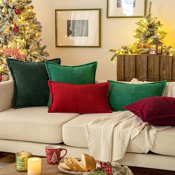 MIULEE Decorative Lumbar Throw Pillow Covers 12x20 Inch Dark Green 2 Pack | Boho Broadside Striped Patchwork Pillow Covers, Soft Corduroy Cushion Cases, For Couch Sofa Bed Livingroom Home Decor