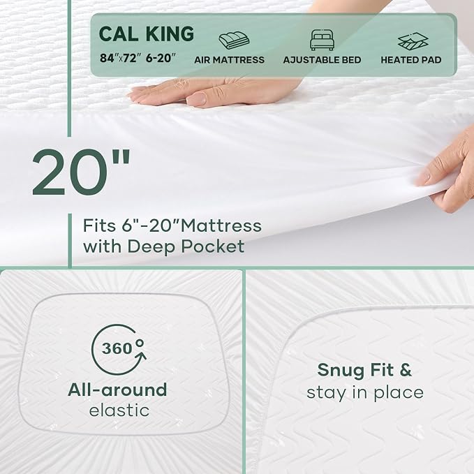 OhGeni 100% Waterproof Mattress Protector,California King Bamboo Viscose Top Layer Pad,3D-Air Fabric Cooling Breathable Fitted Sheets,Washable Bed Cover, Over 99 Count Hex Bumps for Taller Person