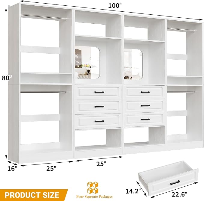 Unikito Closet System, 100" Closet Organizer with Drawers & Mirrors, White | Large Wood Walk-in Closet Wardrobe Organizer with Hanging Rods & Adjustable Shelves, Sturdy Freestanding Garment Rack Tower
