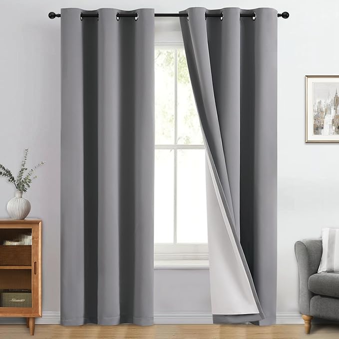 Yakamok Grey 100% Blackout Curtain Panels 84 inches, 40" Wide, 2 Panels | Blackout Curtain Panels for Bedroom, 2 Thick Layers Grommet Top Thermal Insulated Drapes with White Back for Living Room