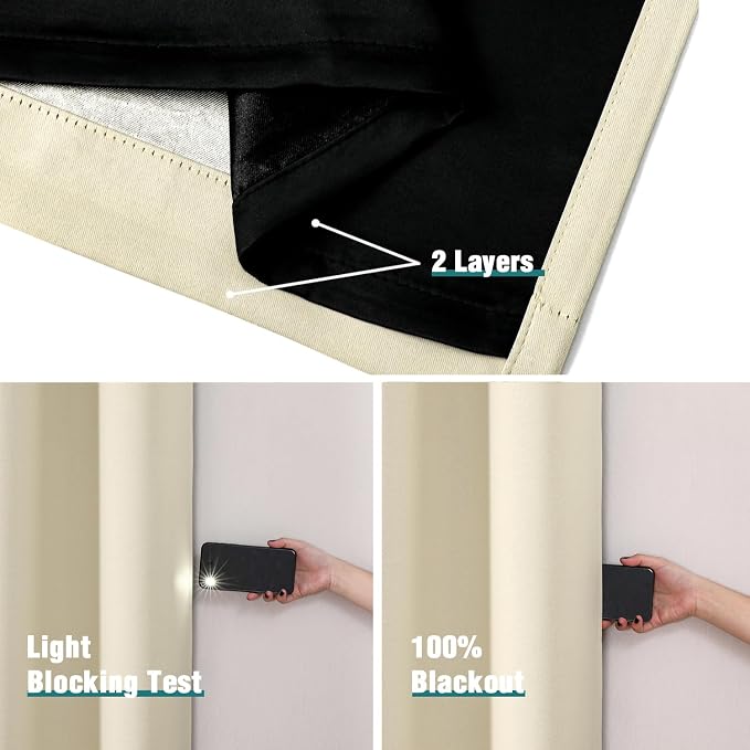 ChrisDowa 100% Blackout Curtains for Bedroom 63 Inches Long 2 Panels Set | 2 Thick Layers, Thermal Insulated, Light Blocking, Grommet, Window Treatment, Living Room Drapes, Light Beige, 38 x 63 Inch