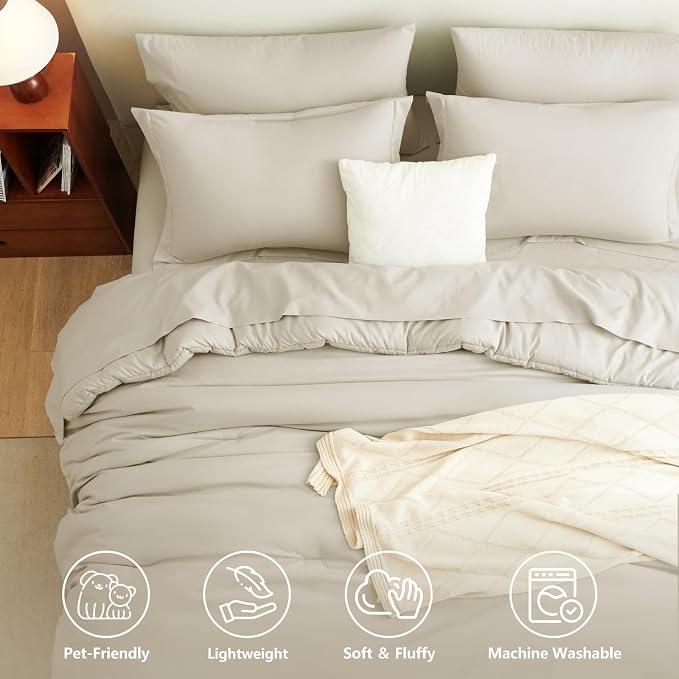 Queen Comforter Set Oatmeal, 7 Pieces Bed in a Bag | OEKO-TEX Certified, All-Season, Bedroom, 240GSM Down Alternative Comforter, Flat & Fitted Sheets, 2 Pillowcases & 2 Shams