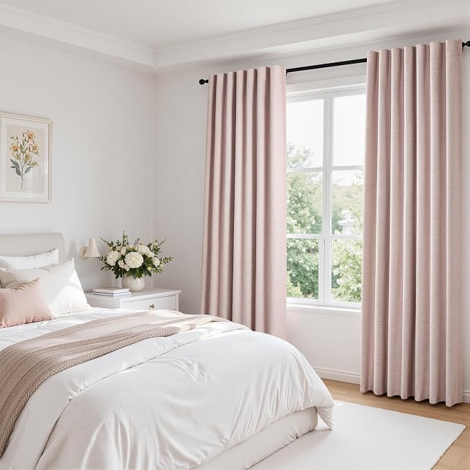 Light Pink Full Blackout Curtains Linen Blended Room Darkening Curtain Panels 84 inch for Living Room Kid Girl's Bedroom Thermal Insulated Pleat Back Tab Drapes with Hooks Rings 52Wx84L 2 Panels