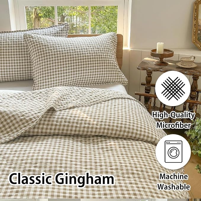 NSNLGSGC Tan Gingham Queen Summer Bedspread Quilt Set | Pre-washed Microfiber,Lightweight Checked Grid Bedding Coverlets for All Seasons