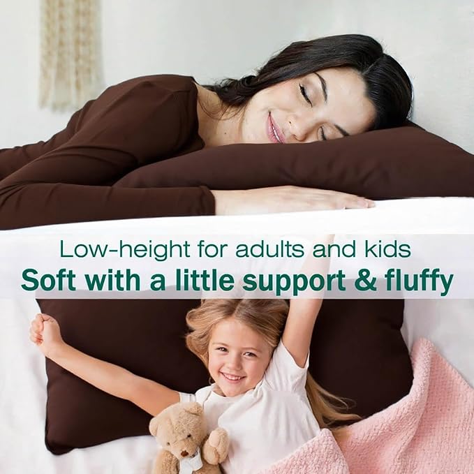 Flat Ultra Thin Bed Pillows Standard Size Pillow Set of 2 Extra Soft Down Alternative for Stomach Back Sleeper Coffee Brown 20x26inches